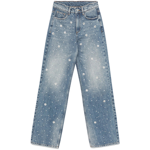 Mid Waisted <strong>Women's</strong> Straight Jeans Loose Fit with Beading Classic Wash Breathable Streetwear Casual Denim Pants - Product Image 5