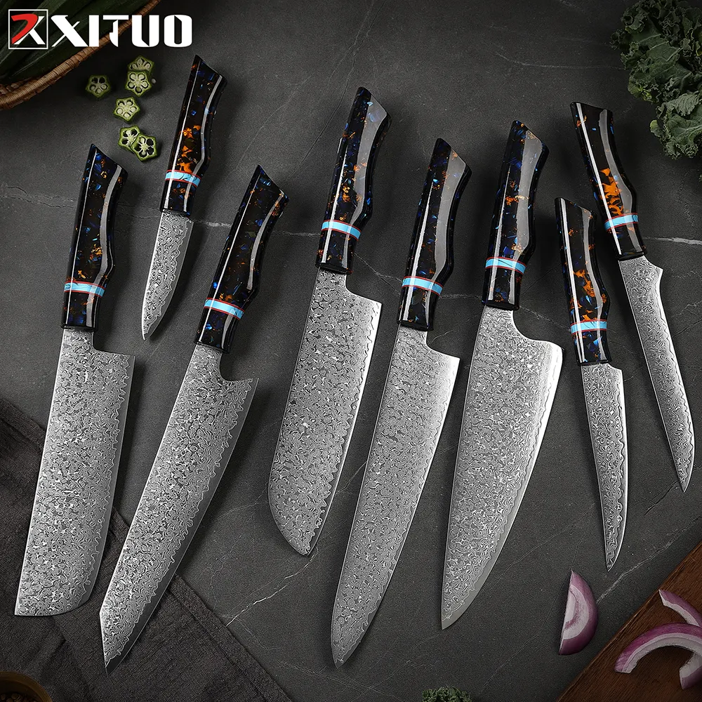 Coltelli da cucina Set giapponese VG10 damasco in acciaio per Chef coltello professionale Full Tang per affettare mannaia Santoku in resina