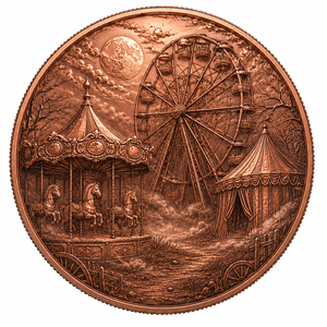 Ornamento Spaventoso a Tema Carnevalesco e Circo: Giostra, Ruota Panoramica, Tenda da Circo, Cavallo con Effetto Crepato, Luna - 1 oz .999 Rame Puro ad Alto Rilievo - Product Image 1