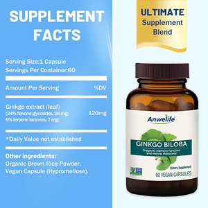 Suplemen Otak Herbal Ginkgo Biloba Himalaya OEM untuk Dukungan Fokus dan Daya Ingat Dewasa - Vegan Bebas Gluten 120mg <span class=keywords><strong>60</strong></span> Kapsul - Product Image 2