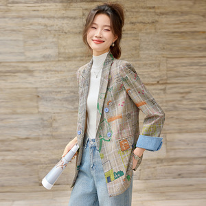 Women's Plaid Blazer Gray Graffiti Pattern Casual Work Wear Autumn Winter Style - Product Image 4