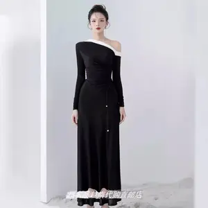 2024 Elegant Fashion Women's Clothing Contrast Knitted Stretch Black Long Dress High Quality Tight Long Sleeve Women's Dresses