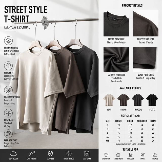 Men's Oversized Cotton T-Shirts Solid Color Heavyweight Loose Fit Drop Shoulder Streetwear Plus Size Casual Style