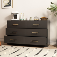 Commode moderne noire éclairée à 6 tiroirs avec poignées dorées (miroir non inclus) pour chambre à coucher hôtel