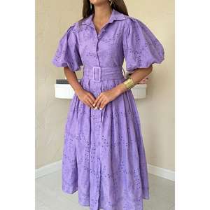 Vestido plisado lila con corte en A, mangas abullonadas, cuello vuelto, cintura natural, tela tejida transpirable, para uso diario informal. - Product Image 1