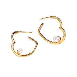 Boucles d'oreilles créoles en or E2155 avec perle blanche imitation sertie, bijoux minimalistes pour femmes, à porter au quotidien - Product Image 1
