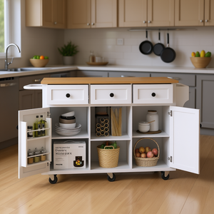 Îlot de cuisine blanc sur roulettes, 3 tiroirs, 6 étagères, 5 roues, comptoir rabattable en bois d'hévéa, armoire de rangement moderne - Product Image 2