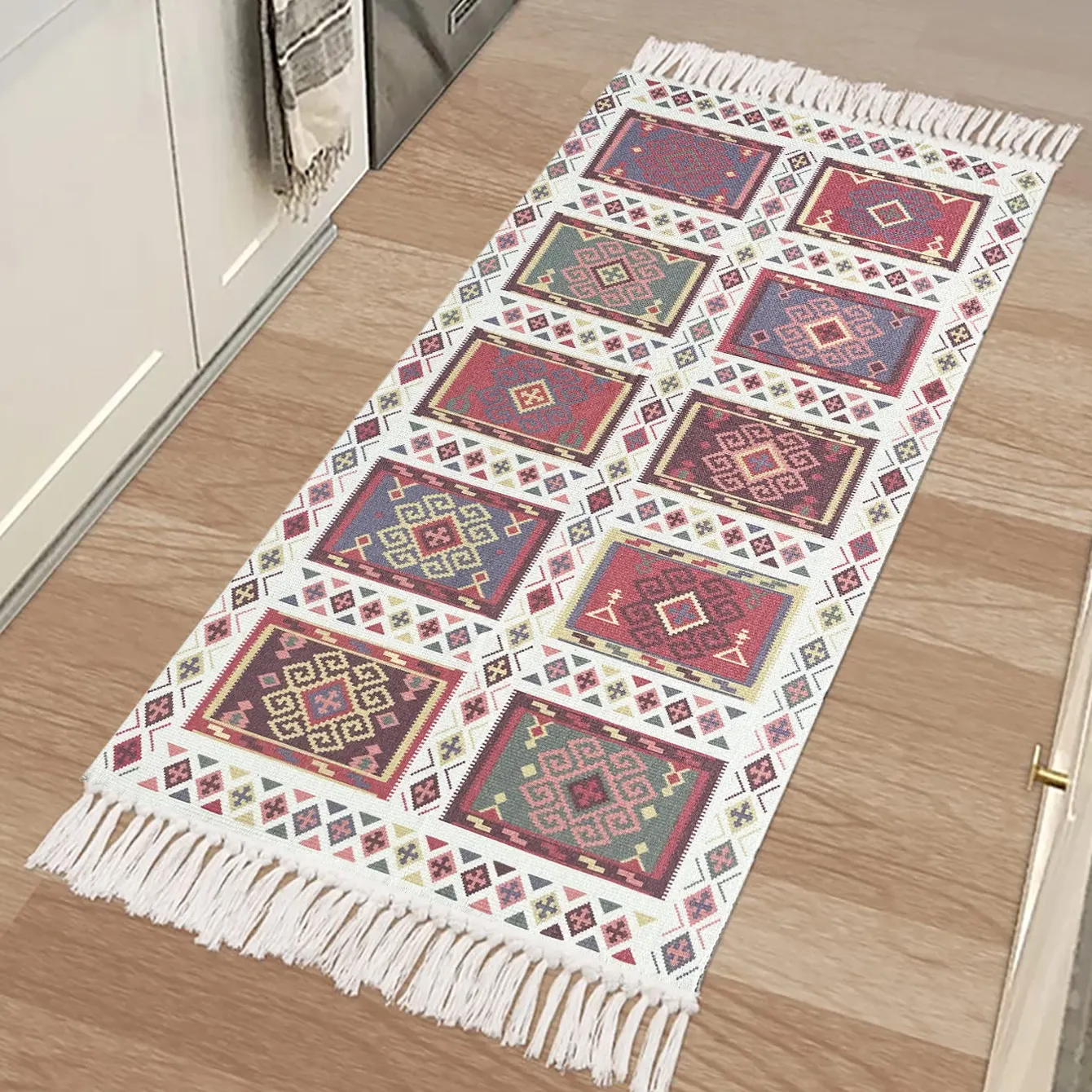 cheap price Cotton Printed Boho Kitchen Rugs Decorative red and White Rug Hand Woven Accent Floor Mat for Bathroom Bedroom