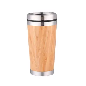 Tumbler bambu termal dengan tutup geser baja tahan karat cangkir Travel Bambu gelas Tumbler vakum cangkir kopi dalam jumlah besar