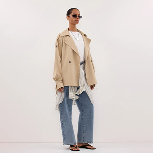 Trench-coat court kaki de style simple pour femme, silhouette de style britannique, vêtement d'extérieur fin et léger avec ceinture - Product Image 2