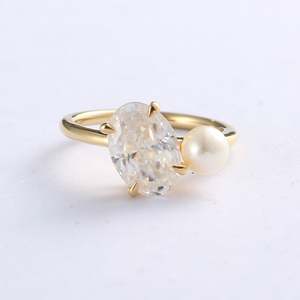 MaiYi Bijoux en or massif 14K en gros, Bagues de fiançailles et de mariage en or 14K avec <span class=keywords><strong>diamant</strong></span> Moissanite VVS taille ovale <span class=keywords><strong>3</strong></span> <span class=keywords><strong>carats</strong></span> et perle - Product Image 1