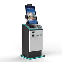 Kiosque d'auto-enregistrement hôtelier avec lecteur de passeport, écran tactile et distributeur de billets