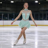 Robe de patinage vert menthe à col montant, manches longues en maille nude et strass pour enfants et adultes, idéale pour la compétition et les spectacles