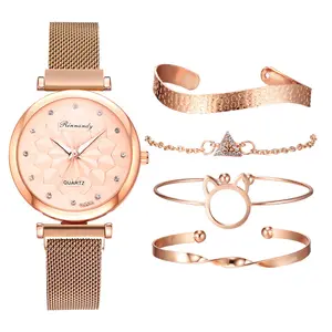 5 ensembles <span class=keywords><strong>DISU</strong></span> or Rose femmes montre ensemble haut marque dame montre-bracelet maille femme horloge pour livraison directe relogio feminino - Product Image 1