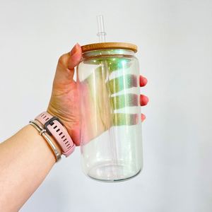 16Oz 20Oz Blank Sublimation Rainbow Glitter Iridescent Can Glass With <b>Bamboo</b> Lid and <b>Straw</b> for Hot Printing - Product Image 4