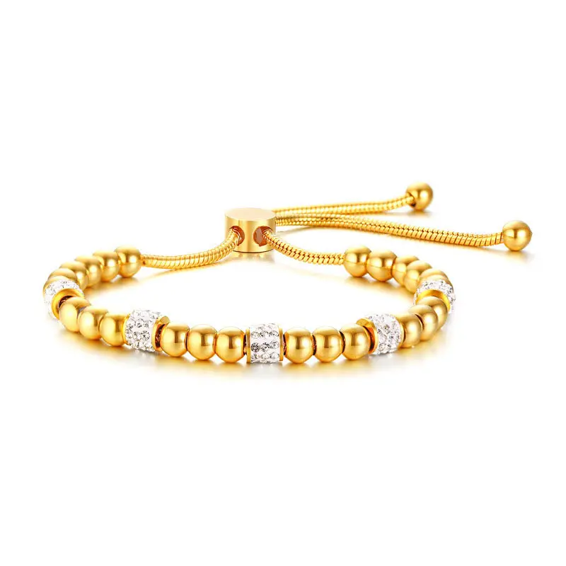 Dubai luxury jewelry micro paved crystal charm bangle women 18k yellow gold plated stainless steel bead bracelet with adjustable