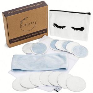 Reusable Makeup Remover Pads - 14 Pack with Laundry <b>Bag</b>, Canvas Storage <b>Bag</b>, Bonus Spa Headband | Organic Bamboo Velour Soft Fac - Product Image 1