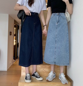 <span class=keywords><strong>Jupe</strong></span> <span class=keywords><strong>Longue</strong></span> Formelle <span class=keywords><strong>en</strong></span> <span class=keywords><strong>Jean</strong></span> Denim Coupe Trapèze pour Femme, Taille Élastique, Fente Asymétrique Vintage, Délavée pour l'Automne - Product Image 3