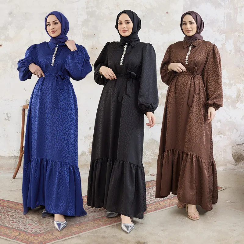 Ropa islámica vestidos de mujer de alta calidad musulmanes jacquard tela vestido personalizado color piedra jacquard Vestido para mujeres musulmanas