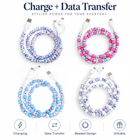 Kabel Charger HP 3 in 1 Bermotif Bunga dengan Manik-manik, USB Type C, Kabel Multi Charging, Kabel Transfer Data Bunga Pastel