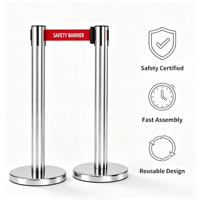Barrière de sécurité rétractable en acier inoxydable avec poteau de guidage et sangle d'isolement en nylon polyester rouge pour le contrôle des foules et l'avertissement sur site