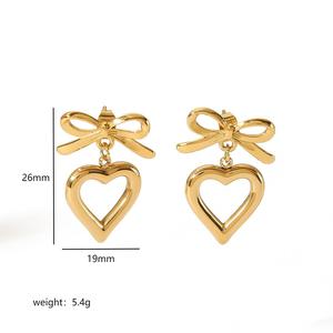 Pendientes con forma de corazón y lazo, chapados en oro de 18 quilates, para mujer, regalo, joyería, accesorios de moda - Product Image 3