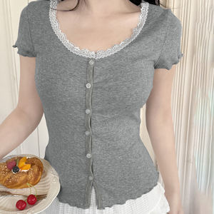 <b>Women</b> Lace Trim Button Front Openwork Knit <b>Long</b> Sleeve <b>T</b> <b>Shirt</b> Top Casual Slim Fit Elegant Street Fashion - Product Image 2