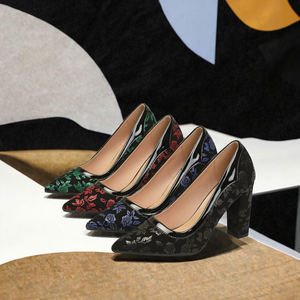<b>Women</b> Floral Print Pumps Pointed Toe Thick Heel Slip on <b>Formal</b> Dress <b>Shoes</b> Spring Autumn - Product Image 3