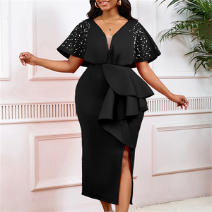D516 Nouvelle Collection Robe de Soirée Élégante pour Femme, Col en V Sexy, Volants, Fente, Perles, Idéale pour l'Été - Product Image 2