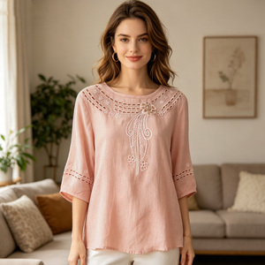 Blusa de Lino para Mujer con Bordado Floral, Cuello Redondo, Manga Tres Cuartos, Estilo Bohemio, Corte Holgado, Top de Primavera/Verano - Product Image 2