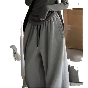 Pantalon décontracté d'hiver pour femme, taille mi-haute, coupe droite, en toile, avec cordon de serrage et poches, couleur délavée - Product Image 1