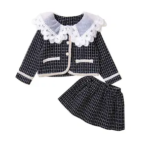 2022 Autumn Kids Clothing Wholesale Girls Plaid Print Long Sleeve Lace Doll Collar Coat Skirt 2PCS Lady Clothes For Children