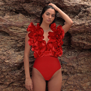 2025 rắn màu đỏ hoa một mảnh áo tắm sâu V Monokini tắt Vai bodysuit tắm phù hợp với phụ nữ sang trọng Đồ bơi sexy bơi phù hợp với - Product Image 3