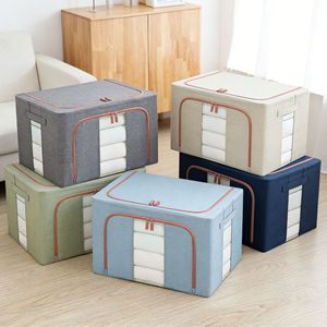 Boîte de rangement pour vêtements et couettes en coton et lin, grande capacité, pliable, anti-poussière, <span class=keywords><strong>double</strong></span> couvercle rabattable, 60L-70L, épaisse et durable - Product Image 1