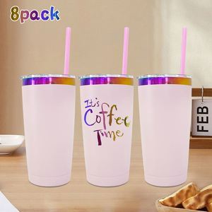 8pack Custom logo rainbow Plated 20oz Double Walled Stainless Steel Travel Mugs <b>Cups</b> with Colored <b>Straw</b> <b>and</b> Slide <b>Lid</b> - Product Image 1