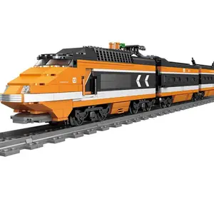 Mainan blok Puzzle kereta listrik, mainan blok perakitan anak-anak Model kereta kota kereta api
