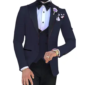 navy blue suit burgundy tie wedding Suppliers-Latest 3 Piece Men Suit Navy Blue Men Formal Prom Suits Slim Fit Wedding Tuxedo for Groom ( Blazer+Vest+Trousers+Bow Tie )