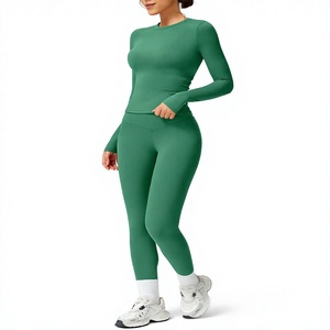 Ensemble de vêtements de sport 2 pièces pour femmes, avec logo personnalisé, haut court à manches longues et leggings, tenue de gym, fabricant OEM, fournisseur, usine - Product Image 5
