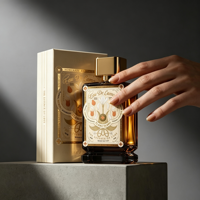 Vente directe d'usine, flacon de parfum en verre de 50 ml (1,7 oz), étiquette en feuille d'or vintage, bouchon carré doré, boîte d'emballage noire, vente en gros