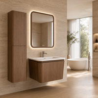 Meuble-lavabo de salle de bain en noyer courbé sur mesure OEM 900 mm avec vasque en Solid Surface et armoire latérale haute – Fourniture pour le marché de l'ameublement sanitaire