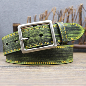 Cinturón <span class=keywords><strong>de</strong></span> Cuero Genuino con Costuras Retro para Hombre, Cinturón Vaquero Occidental <span class=keywords><strong>de</strong></span> Cuero <span class=keywords><strong>de</strong></span> Grano Completo con Tinte Degradado Informal - Product Image 1