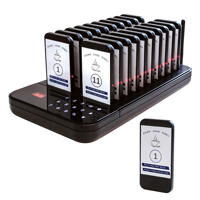 Cafe 1 Base 20 Buzzers 200mAh Rechargeable Waterproof Vibrating Wireless Guest Queue Call Beeper Coaster Pager System Restaurant