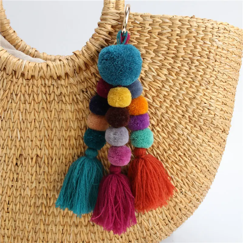 Ombre borla chaveiros Bohemian Acessórios Handmade Chaveiro Beads Pom pom Saco de mão Pendurado boho Chaveiro encantos Para meninas