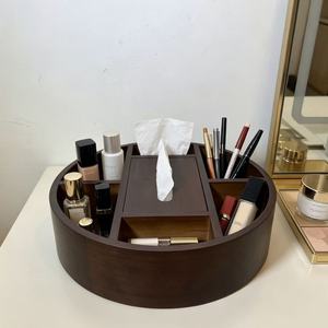 Organizador de maquillaje de madera redondo de 30x30x8cm con seis compartimentos, bandeja de almacenamiento para pañuelos, para tocador, dormitorio, baño - Product Image 1