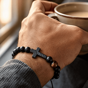 Pulsera <span class=keywords><strong>de</strong></span> Cruz <span class=keywords><strong>para</strong></span> <span class=keywords><strong>Hombre</strong></span>, Cruz con Bandera Americana y Grabado <span class=keywords><strong>de</strong></span> Josué 1:9, Cuentas Negras con Piedra Ojo <span class=keywords><strong>de</strong></span> Tigre, Regalo <span class=keywords><strong>de</strong></span> Joyería Cristiana - Product Image 3