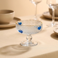 Tasse à rincer en verre sodocalcique épaissi gaufré, style luxe léger, et bol à crème glacée exclusif hôtelier, avec bord doré et papillon peint à la main