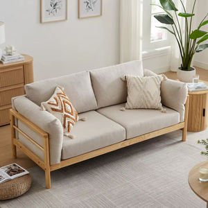 Canapé 3 places en bois massif style nordique minimaliste, rangée droite, tissu lavable, style bois naturel pour petit salon - Product Image 1