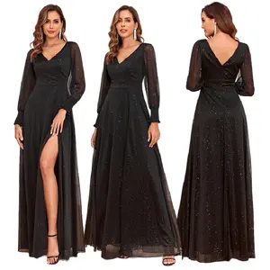 TW00072 फैशनेबल लक्जरी शाम कपड़े Tulle लंबी आस्तीन वि गर्दन स्प्लिट एक लाइन लाइन में खड़ा प्रोम कपड़े चमकदार काले वर कपड़े