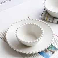 Assiette de table ronde en porcelaine blanche de 8 pouces, motif dentelle perlée, bol à dessert, ensemble de 3 assiettes et bols de dîner, vente en gros