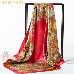 महिलाओं के लिए फैशन सुरुचिपूर्ण 90*90 सेमी बड़े रंगीन साटन मुद्रित स्क्वायर स्कार्फ रेशम हिजाब स्कार्फ - Product Image 1